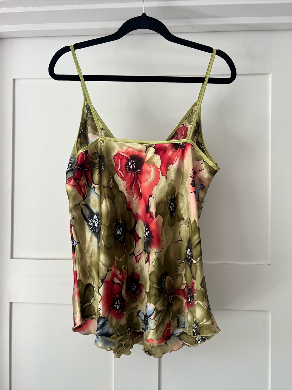 VINTAGE Floral Satin Silk Cami Tank Top - Olive & Red Y2K - Picture 5 of 6